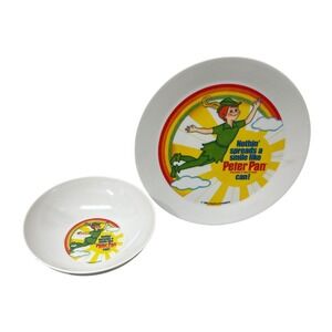 Vintage Peter Pan Peanut Butter Plate Bowl Set White Plastic 1983 Retro Deka